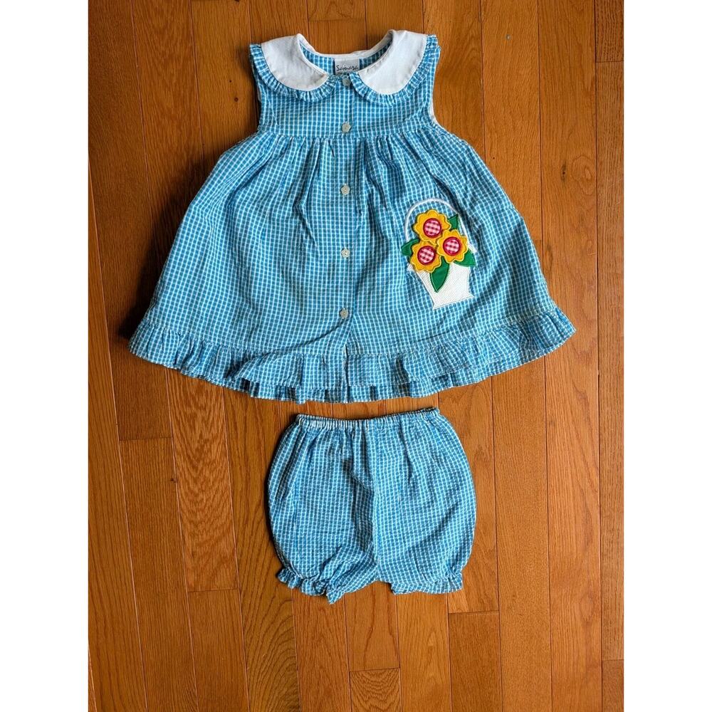 Vintage Samara Girls Blue Gingham Sunflower Dress And Bloomers Set 4T